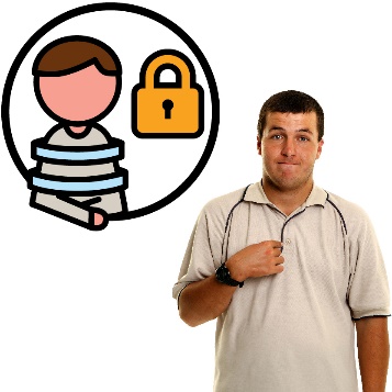 A participant pointing at themself. Next to them is a person in restraints and a lock icon.