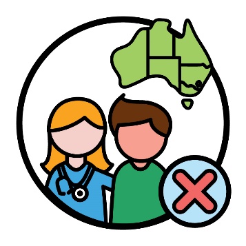 A healthcare worker supporting a person. Above them is a map of Australia that shows state and territory borders. Next to them is a cross.