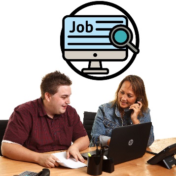 2 people using a computer together. Above them are a magnifying glass and a computer that says 'Job' on the screen.