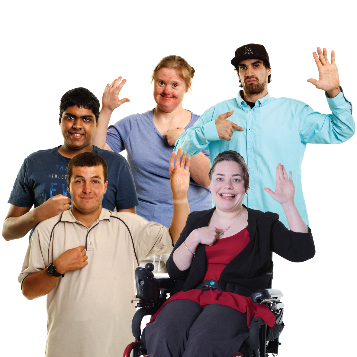 A group of people with disability pointing at themselves and raising their other hands.