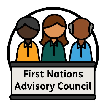 3 people behind a bench that says 'First Nations Advisory Council'.