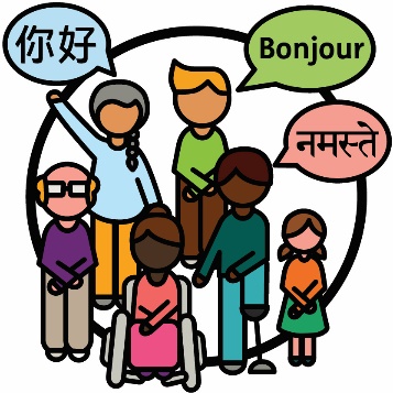 A large group of people. Above them are 3 speech bubbles that say 'Hello' in 3 different languages.