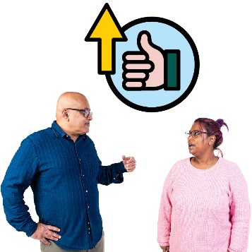 2 Reference Group members having a conversation. Above them are a thumbs up icon and an arrow pointing up.