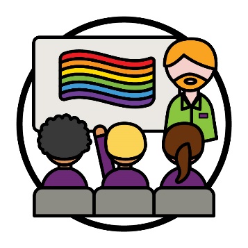 3 NDIA workers watching someone give a presentation. Next to the presenter is the LGBTIQA+ flag.