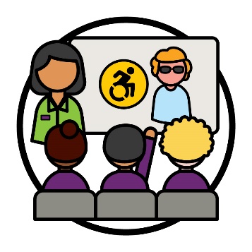 3 NDIA workers watching someone give a presentation. Next to the presenter is a disability icon and a person with disability.