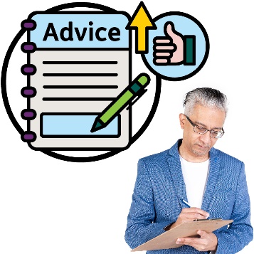 A person writing. Above them is an advice document, a thumbs up icon and an arrow pointing up.