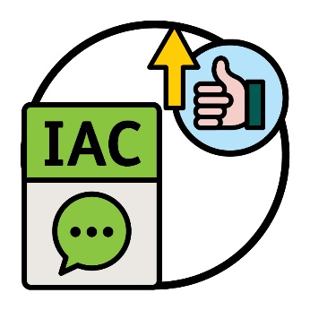 A document that says 'IAC' and shows a speech bubble. Next to it is a thumbs up and an arrow pointing up.