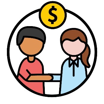 An employer shaking hands with someone beneath a dollar sign.