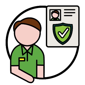 A worker wearing a uniform next to a document showing a photo of the worker and a safety icon.