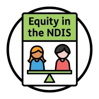 A document that says 'Equity in the NDIS'. On the document are 2 people on a balanced scale.