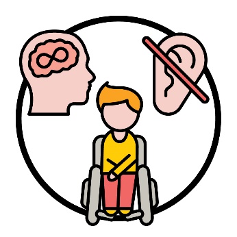 A participant in a wheelchair beneath an Autism icon and an ear with a line through it.