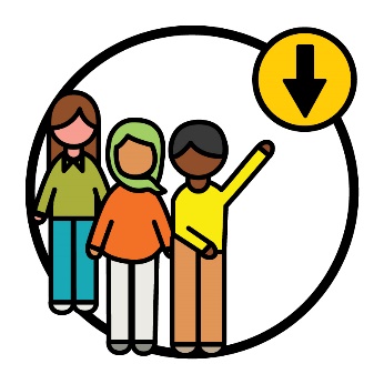 3 people beneath an arrow pointing down. One person is raising their hand.