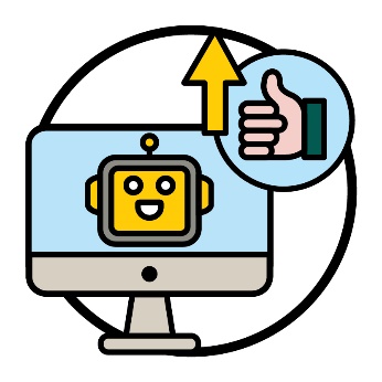 A computer showing a robot, a thumbs up and an arrow pointing up.