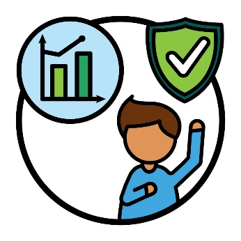 A person raising their hand, a graph icon and a safety icon.