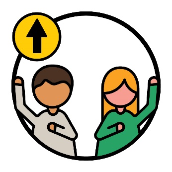 A man and a woman both raising their hands. There is an arrow pointing up above the man.