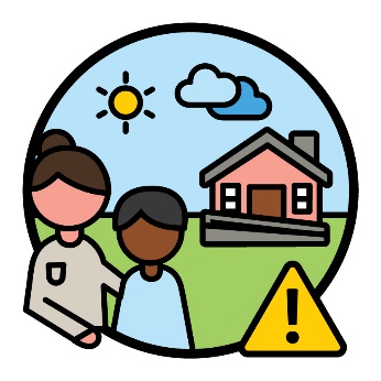 Someone supporting a child in front of a house and a problem icon.