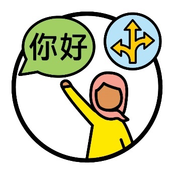 A parent raising their hand beneath a speech bubble showing a language other than English and an arrow splitting into 3 different directions.