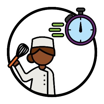 A person wearing a chef's uniform and holding a whisk beneath a clock with 3 arrows to show speed.