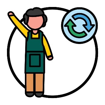 Someone wearing an apron and raising their hand next to a change icon.