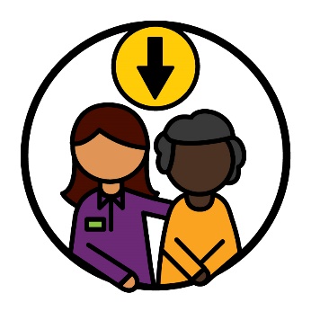 An NDIS worker supporting a participant beneath an arrow pointing down.