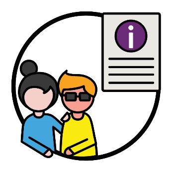 A person supporting someone and a document showing an information icon.