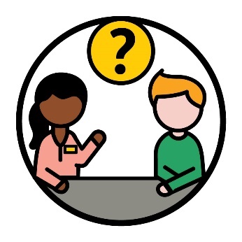 A support worker having a conversation with someone beneath a question mark.