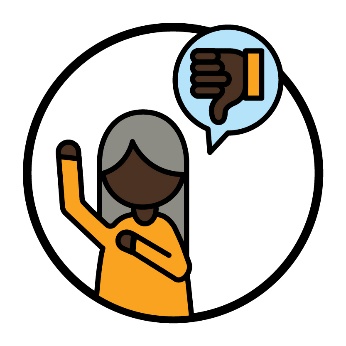 A person pointing at themselves and raising their hand beneath a thumbs down inside a speech bubble.