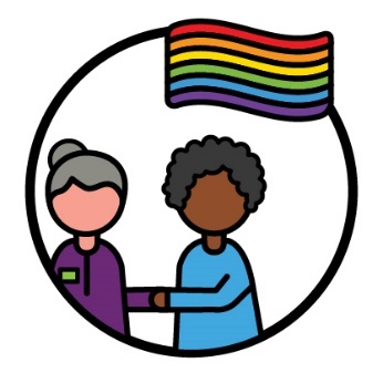 2 staff members shaking hands beneath the rainbow pride flag.