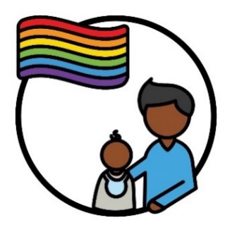 A participant supporting their child beneath a rainbow pride flag.