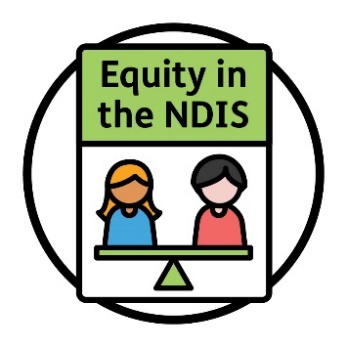 A document that says 'Equity in the NDIS'. On the document are 2 people on a balanced scale.