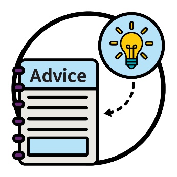 A glowing lightbulb with an arrow pointing to an 'Advice' booklet.