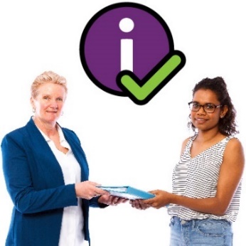 An NDIA worker sharing documents with a First Nations person. Above them is an information icon with a tick.