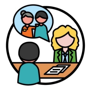 A navigator having a meeting with a participant at a bench. The navigator has a speech bubble with a worker supporting the participant in it.