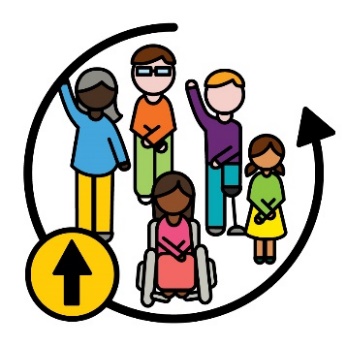 A diverse group of people with an arrow curving around them. Next to them is another arrow pointing up.