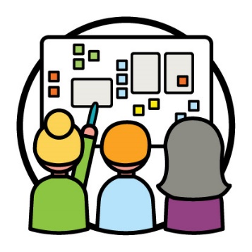 A co-design icon - 3 people working together on a large document. One person is pointing at the large document.