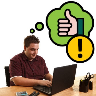 A person with disability using a laptop. They have a thought bubble with a thumbs up in it and an importance icon next to it.