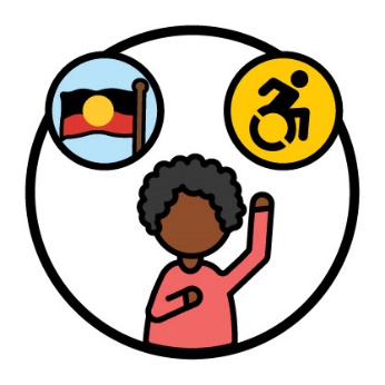 A person pointing to themselves with their other hand raised. Above them is the Aboriginal flag and a disability icon.
