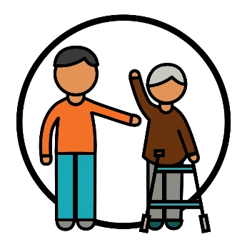 A person pointing to their elderly parent using a mobility aid. The parent has their hand raised.