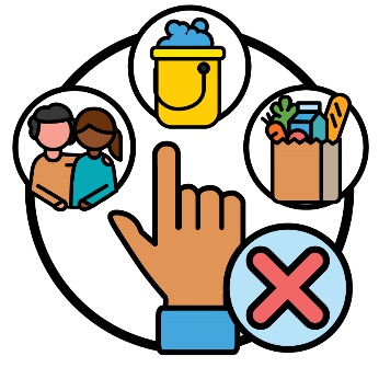 A hand pointing to choices for supports, hygiene and groceries. Next to the hand is a cross.