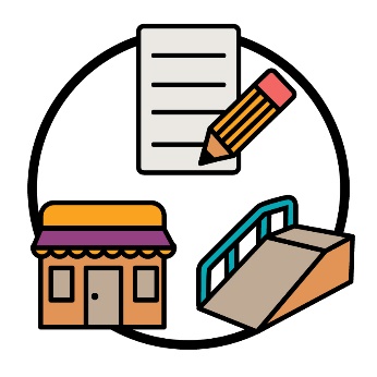 A document with a pencil, a store and a ramp.
