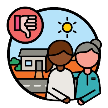 A provider supporting someone in front of a house in a remote location. Above them is a thumbs down icon.