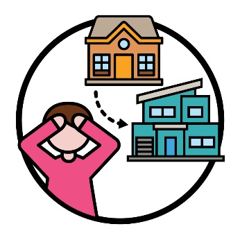A stressed person with their hands on their head. An arrow points from one house to another house.
