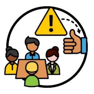 A group of people having a meeting. Above them is an arrow pointing from a problem icon to a thumbs up.