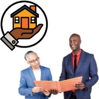 2 people looking at a folder together. Above them is a home and living supports icon.