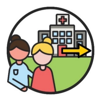 A support worker assisting a participant in front of a hospital. There is an arrow pointing out the door of the hospital.
