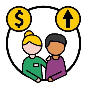 A provider supporting a participant. Above them is a dollar symbol with an arrow pointing up.