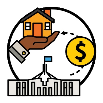 An arrow pointing from an Australian government building to a home and living supports icon. Next to the arrow is a dollar symbol.