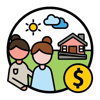 An SIL provider supporting a participant with their house behind them. Next to them is a dollar symbol.