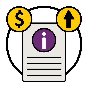 An information document. Above the document is a dollar symbol and an arrow pointing up.