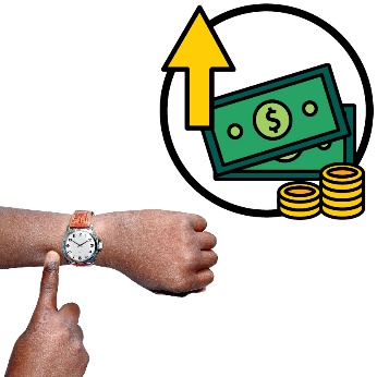 A person pointing to a wristwatch. Next to them is an icon of money with an arrow pointing up.